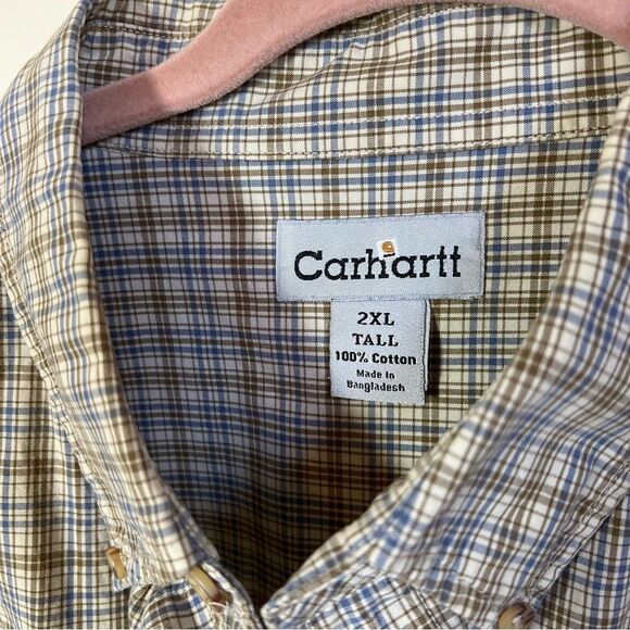 ✨ Carhartt Men’s Plaid Button Down Shirt Tan Blue 2XL Tall - Picture 3 of 10
